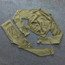 Load image into Gallery viewer, 2 pieces gym set workout clothes for women | knit long sleeve compression crop top + seamless legging