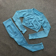 Load image into Gallery viewer, 2 pieces gym set workout clothes for women | knit long sleeve compression crop top + seamless legging