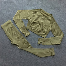 Load image into Gallery viewer, 2 pieces gym set workout clothes for women | knit long sleeve compression crop top + seamless legging