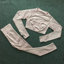 Load image into Gallery viewer, 2 pieces gym set workout clothes for women | knit long sleeve compression crop top + seamless legging