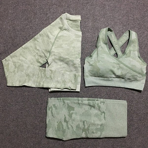 3 pcs camo seamless women Yoga clothes set | sport leggings and top set