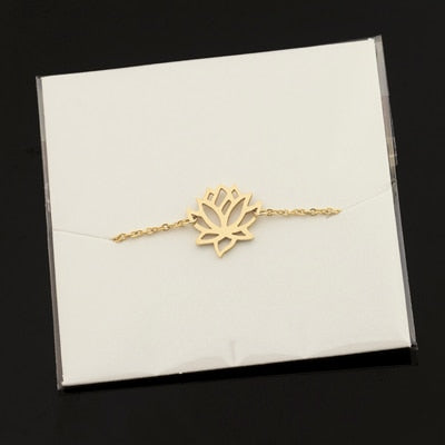 Stainless Steel Gold Charm Healing Lucky Lotus Flower Yoga Bracelets